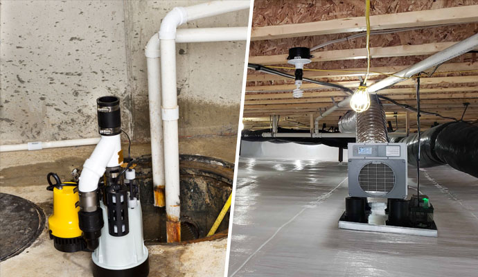 Collage of sump-pumps and dehumidifiers